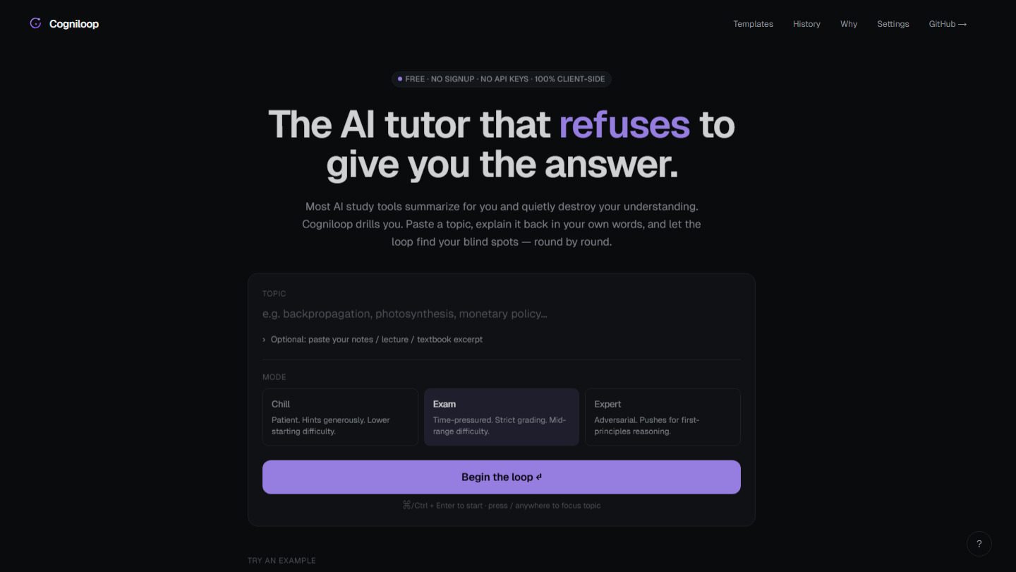 Cogniloop landing page screenshot showing 'The AI tutor that refuses to give you the answer'