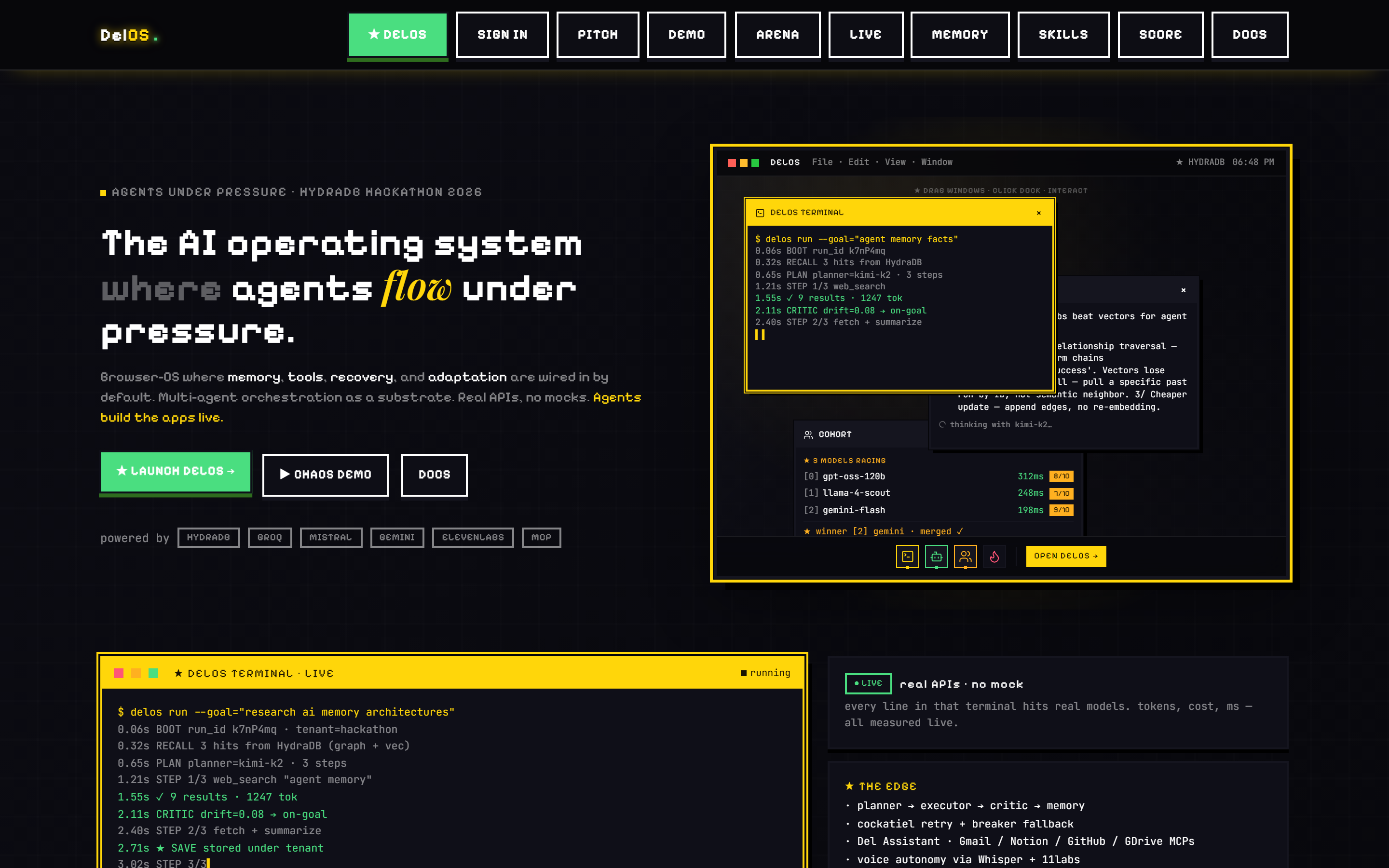 DelOS — browser-OS with multi-agent orchestration, xterm Agent Fleet, force-directed memory graph and HydraDB-backed knowledge layer.