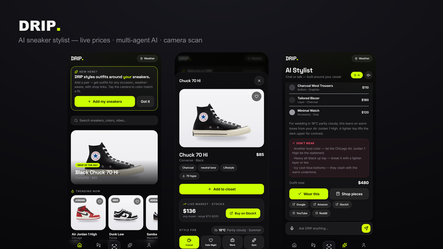 DRIP — AI sneaker stylist: For You feed, a shoe detail with live StockX resale price and buy link, and the multi-agent AI stylist chat.