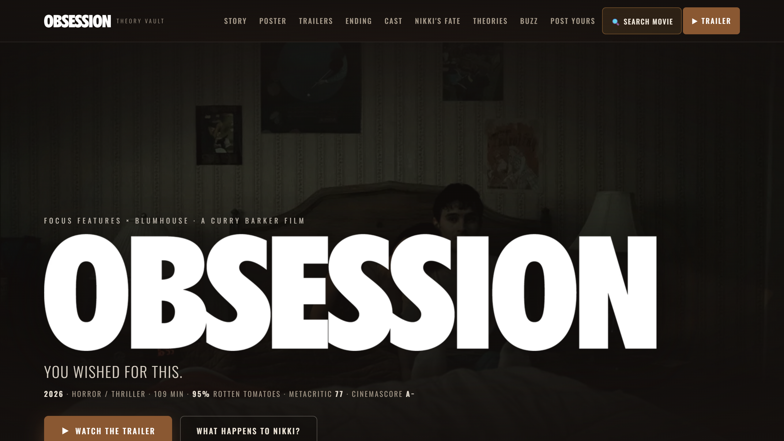 The Film Theory Vault — cinematic OBSESSION hero page with a search-any-movie engine and AI-written fan theories.
