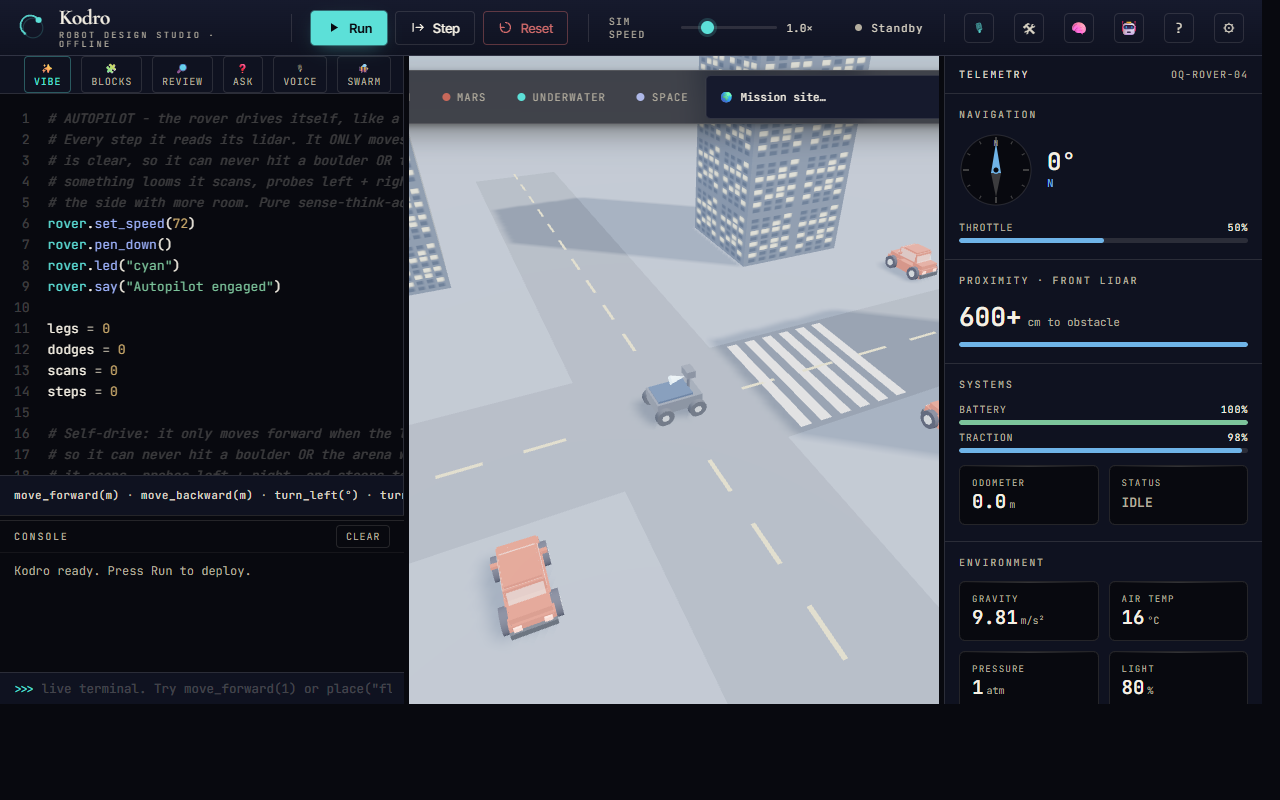 Kodro studio: a code editor on the left, the City world with traffic and a pedestrian crossing and the robot in the middle, and live telemetry on the right.