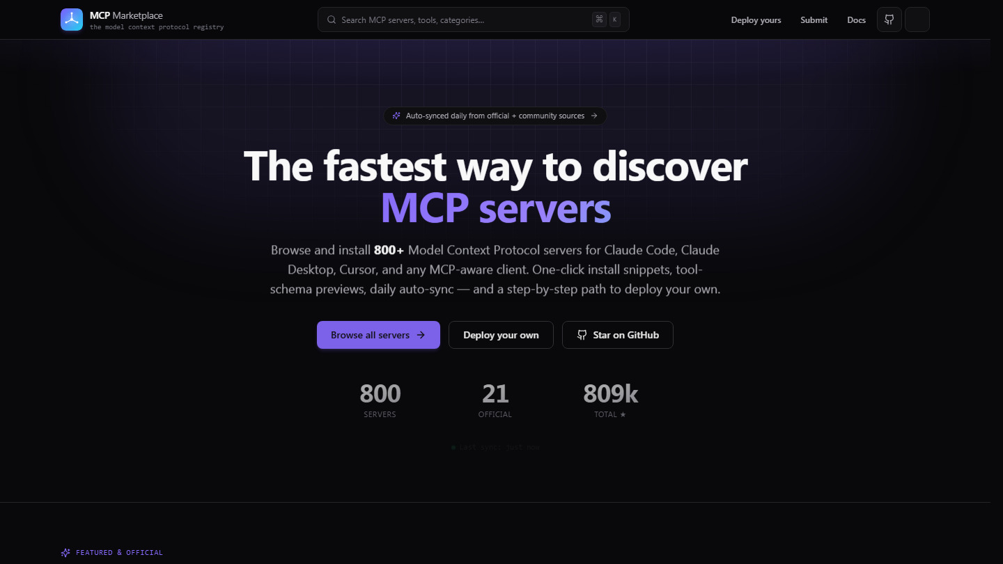 MCP Marketplace — registry of 800+ Model Context Protocol servers