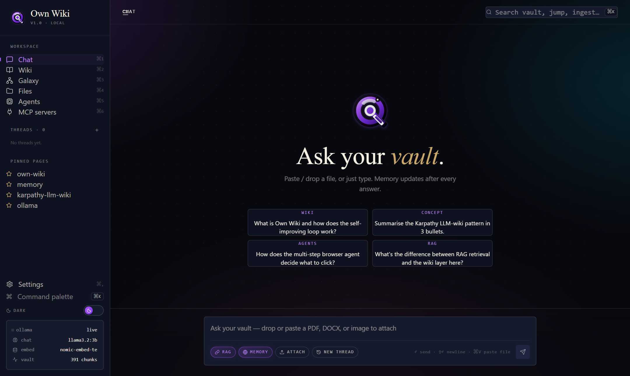 Own Wiki home screen — Ask your vault: chat answered from your own notes and files, with RAG and memory.