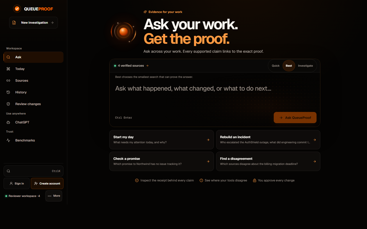 QueueProof workspace: a cross-source question answered with numbered claim citations back to their original source records.