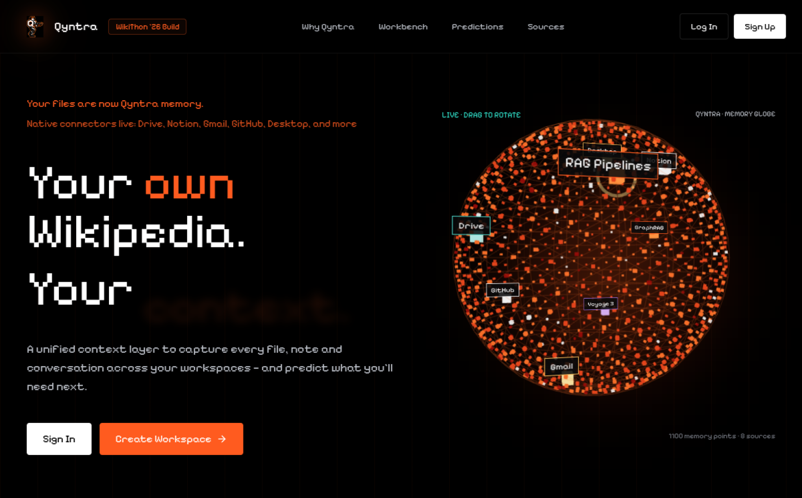 Qyntra — Personal Knowledge OS dashboard with 3D galaxy view of ingested files.