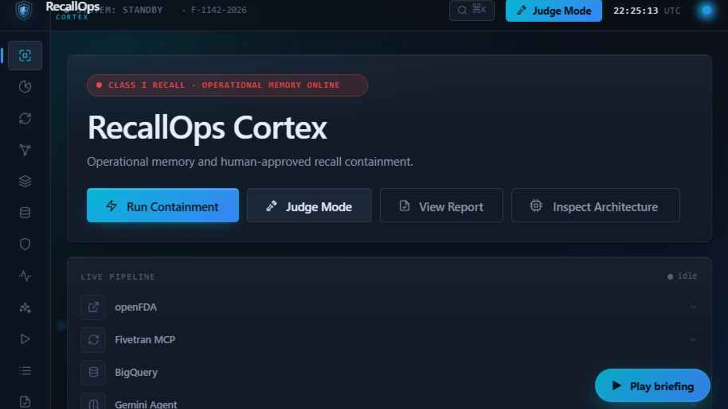 RecallOps Cortex, a recall-containment command center: live openFDA recall, a Fivetran and BigQuery blast radius, Gemini-drafted actions, a human approval gate, and a tamper-evident audit chain.