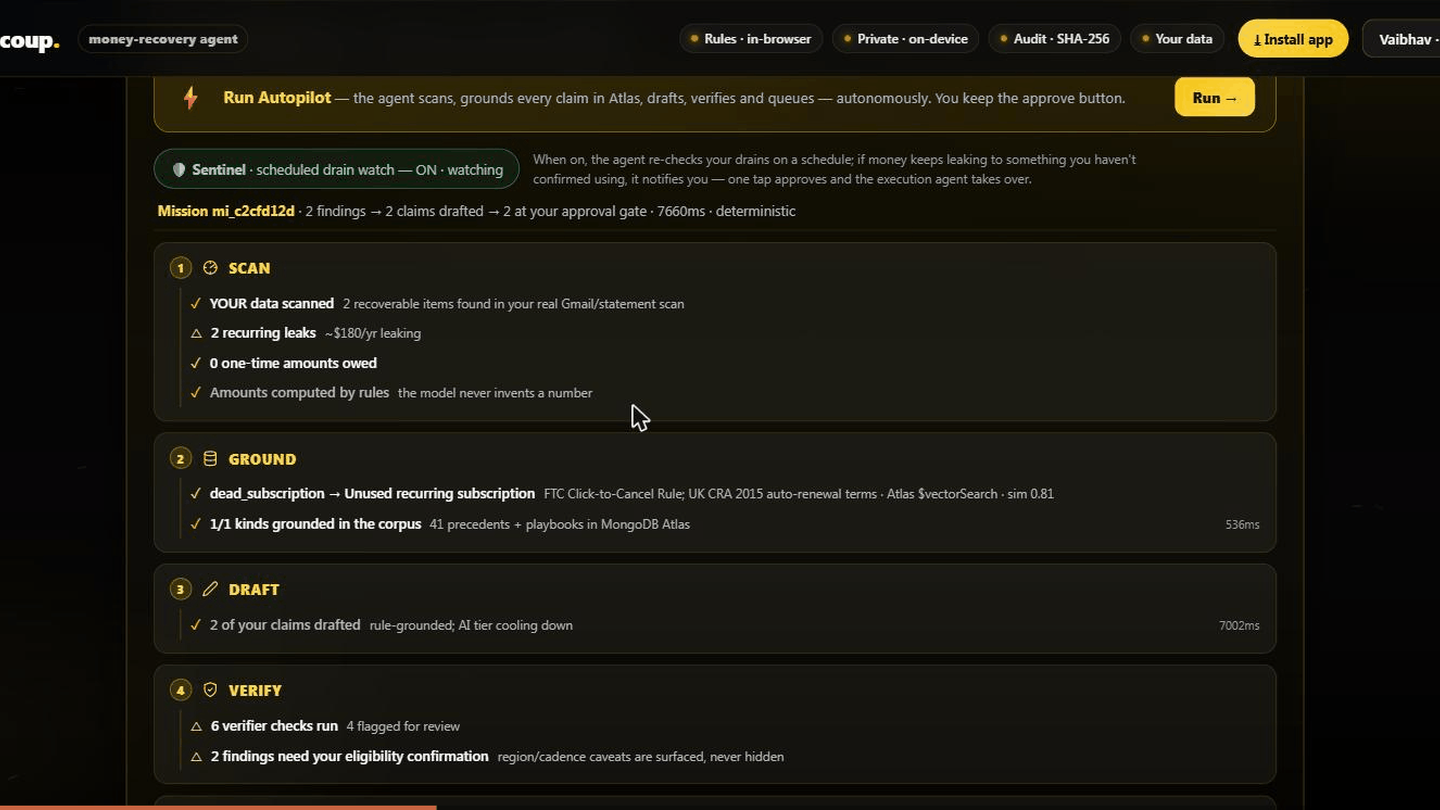 Recoup, an AI money-recovery agent: it scans your real Gmail, grounds every claim in consumer-protection law via MongoDB Atlas vector search, drafts the claim, walks the vendor cancellation portal with a real browser, and stops at a human approval gate.